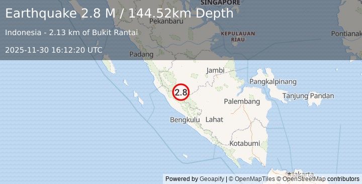 Earthquake Southern Sumatra, Indonesia (3.5 M) (2025-11-30 16:12:19 UTC)