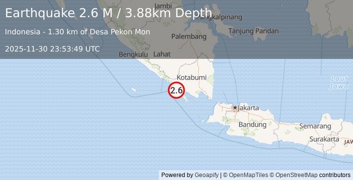 Earthquake Southern Sumatra, Indonesia (2.6 M) (2025-11-30 23:53:49 UTC)