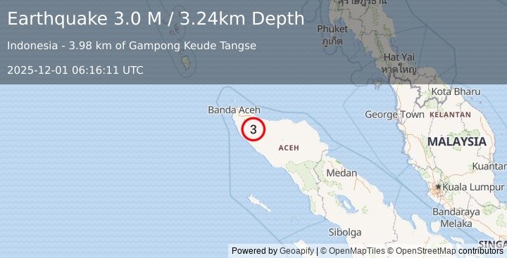 Earthquake Northern Sumatra, Indonesia (3.0 M) (2025-12-01 06:16:09 UTC)