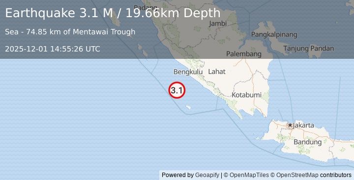 Earthquake Southern Sumatra, Indonesia (3.1 M) (2025-12-01 14:55:26 UTC)