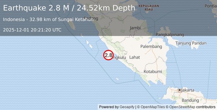 Earthquake Southern Sumatra, Indonesia (2.8 M) (2025-12-01 20:21:20 UTC)