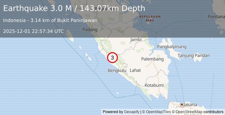 Earthquake Southern Sumatra, Indonesia (3.4 M) (2025-12-01 22:57:34 UTC)