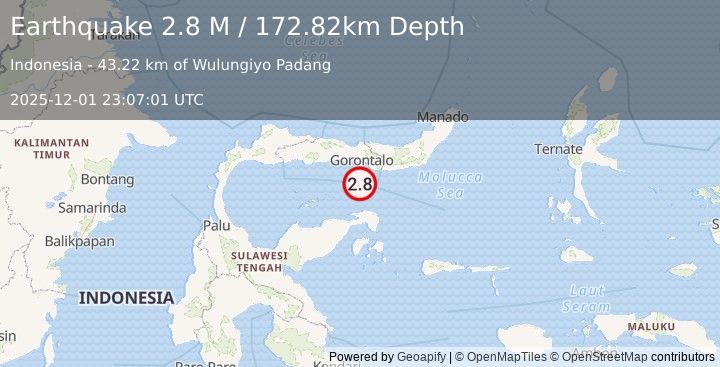 Earthquake Minahassa Peninsula, Sulawesi (2.9 M) (2025-12-01 23:07:01 UTC)