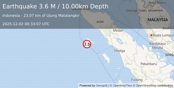 Earthquake Off West Coast of Northern Sumatra (3.6 M) (2025-12-02 00:33:07 UTC)
