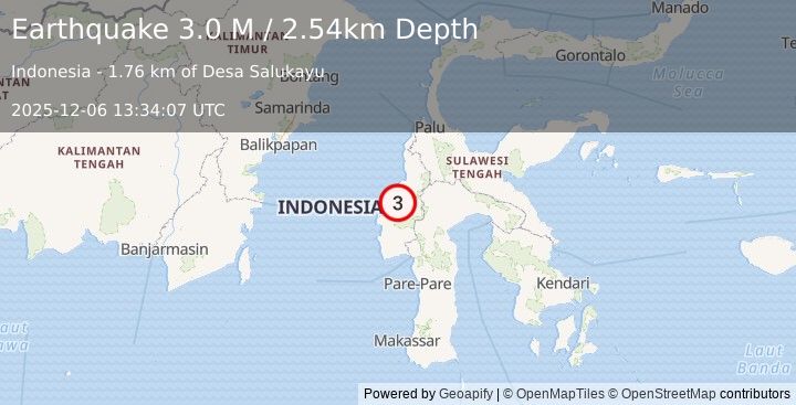 Earthquake Sulawesi, Indonesia (3.0 M) (2025-12-06 13:34:07 UTC)