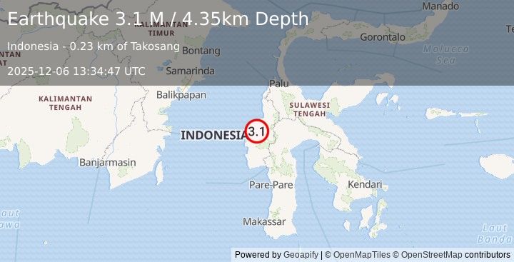 Earthquake Sulawesi, Indonesia (3.1 M) (2025-12-06 13:34:47 UTC)