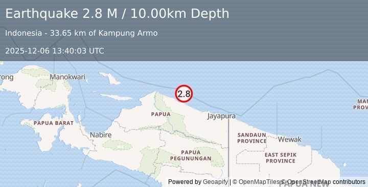Earthquake Near North Coast of West Papua (2.8 M) (2025-12-06 13:40:04 UTC)