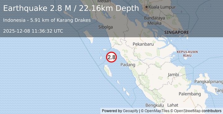 Earthquake Southern Sumatra, Indonesia (2.8 M) (2025-12-08 11:36:32 UTC)
