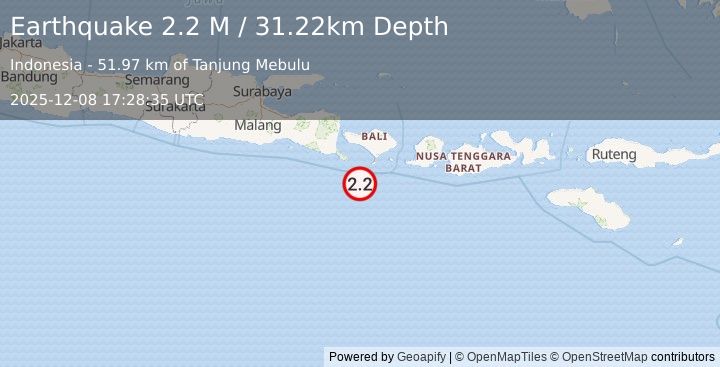Earthquake South of Bali, Indonesia (2.2 M) (2025-12-08 17:28:35 UTC)