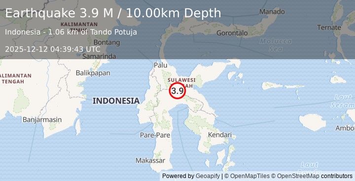 Earthquake Sulawesi, Indonesia (3.9 M) (2025-12-12 04:39:43 UTC)