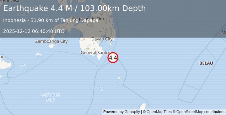 Earthquake Mindanao, Philippines (4.4 M) (2025-12-12 06:40:41 UTC)