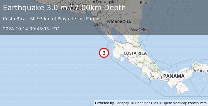 Earthquake OFF COAST OF COSTA RICA (3.0 m) (2024-10-14 09:43:03 UTC)