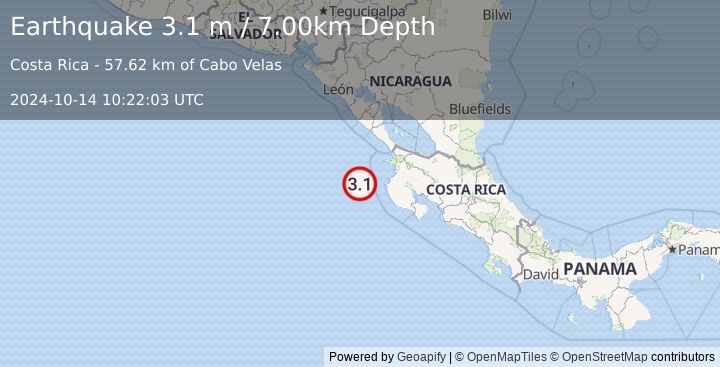 Earthquake OFF COAST OF COSTA RICA (3.1 m) (2024-10-14 10:22:03 UTC)