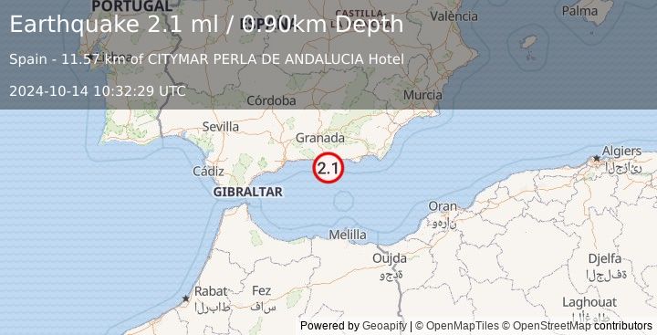 Earthquake STRAIT OF GIBRALTAR (2.1 ml) (2024-10-14 10:32:29 UTC)