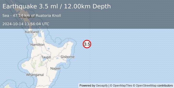 Earthquake OFF E. COAST OF N. ISLAND, N.Z. (3.5 ml) (2024-10-14 13:56:04 UTC)