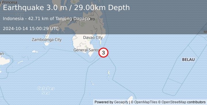 Earthquake MINDANAO, PHILIPPINES (3.0 m) (2024-10-14 15:00:29 UTC)