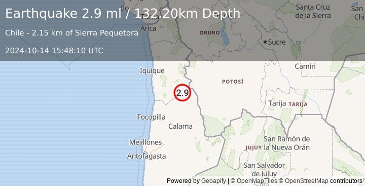 Earthquake TARAPACA, CHILE (2.9 ml) (2024-10-14 15:48:10 UTC)