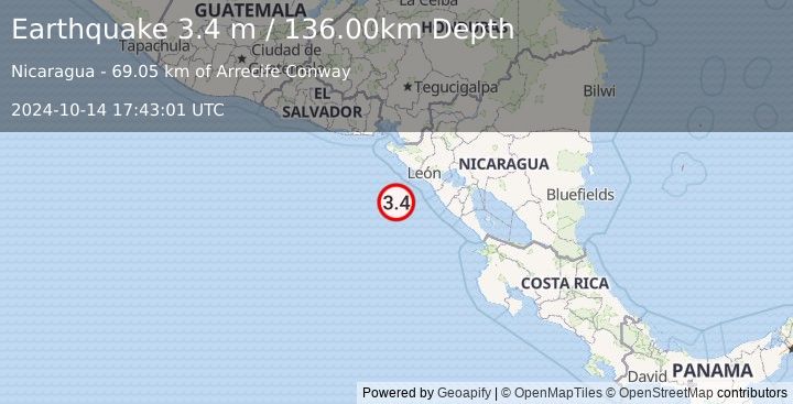 Earthquake NEAR COAST OF NICARAGUA (3.4 m) (2024-10-14 17:43:01 UTC)