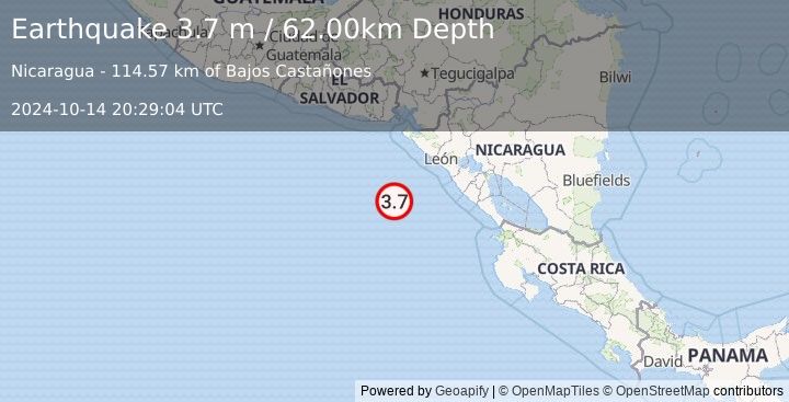 Earthquake NEAR COAST OF NICARAGUA (3.7 m) (2024-10-14 20:29:04 UTC)