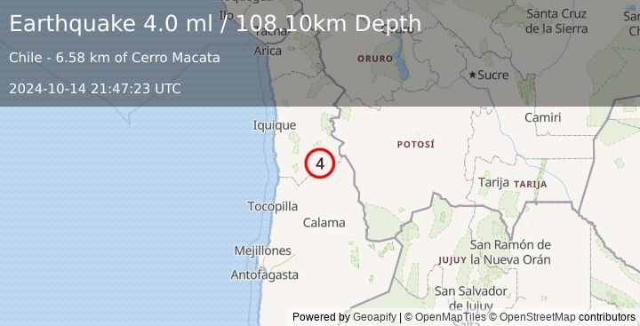 Earthquake TARAPACA, CHILE (4.0 ml) (2024-10-14 21:47:23 UTC)