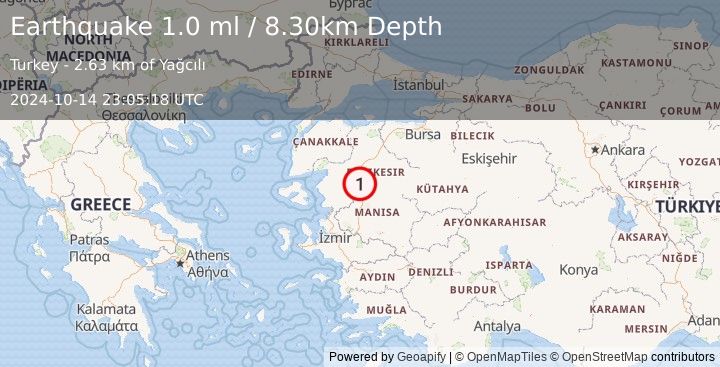 Earthquake WESTERN TURKEY (1.0 ml) (2024-10-14 23:05:18 UTC)