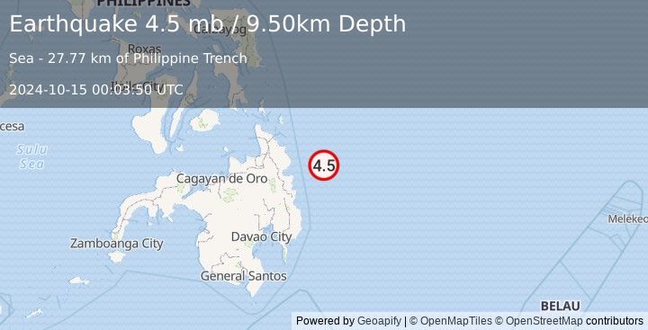 Earthquake PHILIPPINE ISLANDS REGION (4.5 mb) (2024-10-15 00:03:50 UTC)