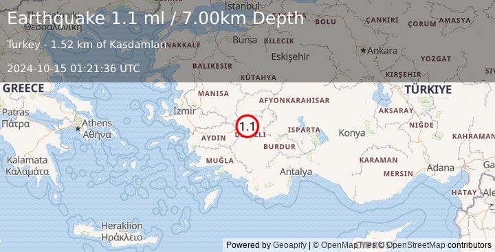 Earthquake WESTERN TURKEY (1.1 ml) (2024-10-15 01:21:36 UTC)