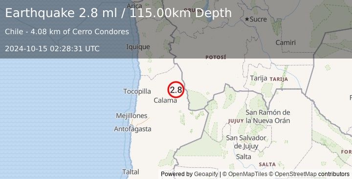 Earthquake ANTOFAGASTA, CHILE (2.8 ml) (2024-10-15 02:28:31 UTC)