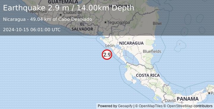 Earthquake NEAR COAST OF NICARAGUA (2.9 m) (2024-10-15 06:01:00 UTC)