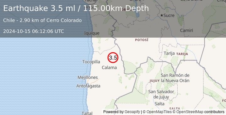 Earthquake ANTOFAGASTA, CHILE (3.5 ml) (2024-10-15 06:12:06 UTC)