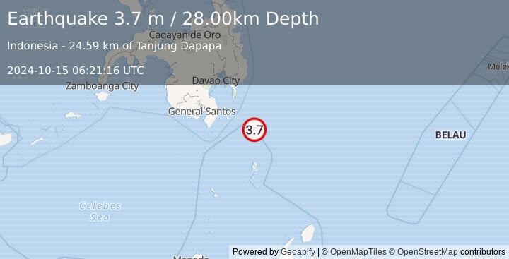 Earthquake MINDANAO, PHILIPPINES (3.7 m) (2024-10-15 06:21:16 UTC)