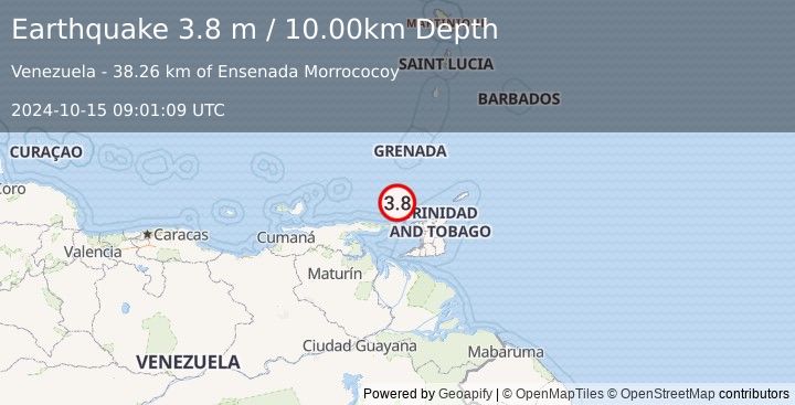 Earthquake OFFSHORE SUCRE, VENEZUELA (3.8 m) (2024-10-15 09:01:09 UTC)