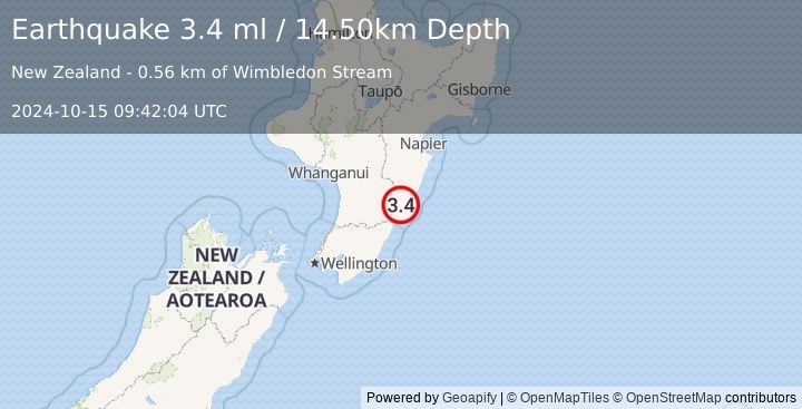 Earthquake NORTH ISLAND OF NEW ZEALAND (3.4 ml) (2024-10-15 09:42:04 UTC)