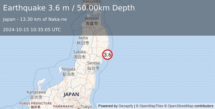 Earthquake NEAR EAST COAST OF HONSHU, JAPAN (3.6 m) (2024-10-15 10:35:05 UTC)