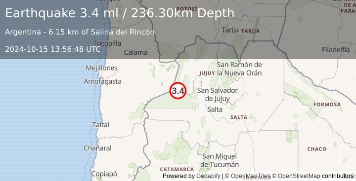 Earthquake SALTA, ARGENTINA (3.4 ml) (2024-10-15 13:56:48 UTC)