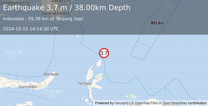 Earthquake NORTH OF HALMAHERA, INDONESIA (3.7 m) (2024-10-15 14:14:30 UTC)