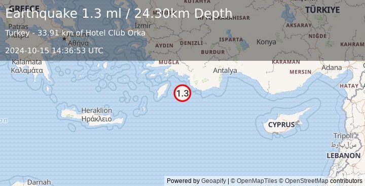 Earthquake DODECANESE IS.-TURKEY BORDER REG (1.3 ml) (2024-10-15 14:36:53 UTC)