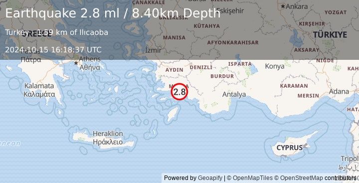 Earthquake DODECANESE IS.-TURKEY BORDER REG (2.8 ml) (2024-10-15 16:18:37 UTC)