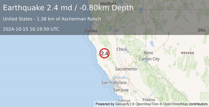 Earthquake NORTHERN CALIFORNIA (2.4 md) (2024-10-15 16:19:50 UTC)