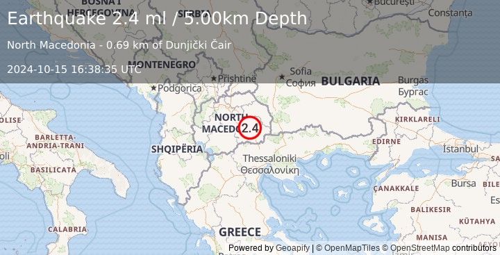 Earthquake REPUBLIC OF NORTH MACEDONIA (2.4 ml) (2024-10-15 16:38:35 UTC)