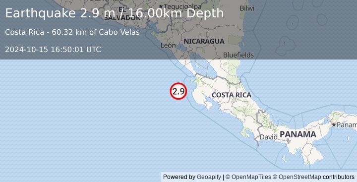 Earthquake OFF COAST OF COSTA RICA (2.9 m) (2024-10-15 16:50:01 UTC)