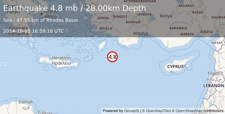 Earthquake EASTERN MEDITERRANEAN SEA (4.8 mb) (2024-10-15 16:59:18 UTC)