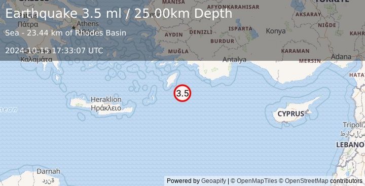 Earthquake EASTERN MEDITERRANEAN SEA (3.5 ml) (2024-10-15 17:33:07 UTC)