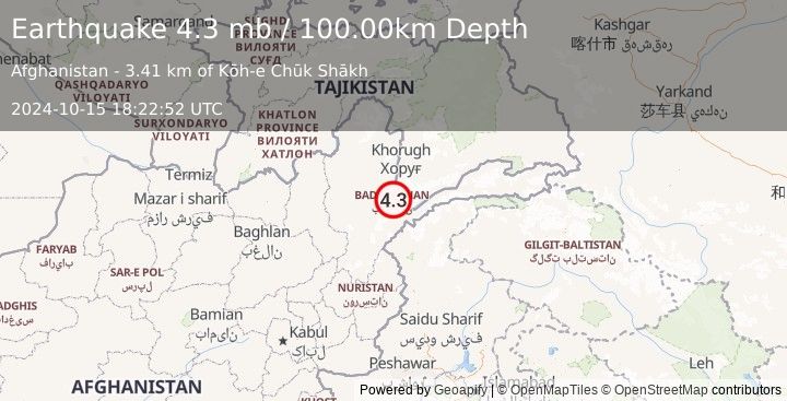 Earthquake HINDU KUSH REGION, AFGHANISTAN (4.3 mb) (2024-10-15 18:22:52 UTC)