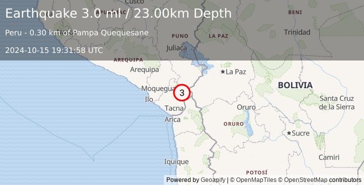 Earthquake SOUTHERN PERU (3.0 ml) (2024-10-15 19:31:58 UTC)