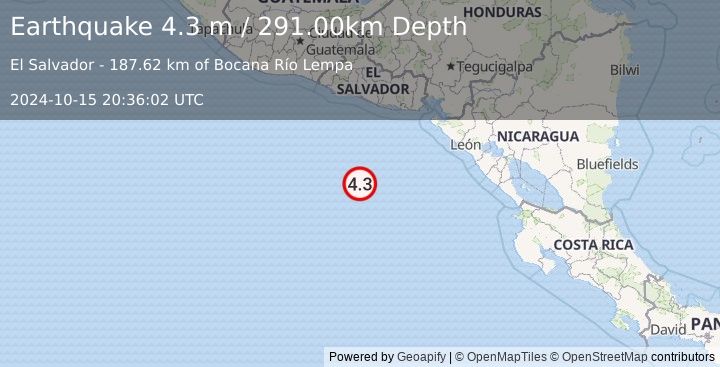 Earthquake OFF COAST OF CENTRAL AMERICA (4.3 m) (2024-10-15 20:36:02 UTC)