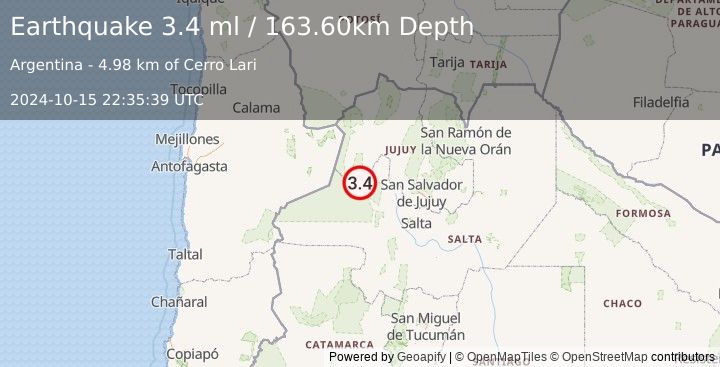 Earthquake JUJUY, ARGENTINA (3.4 ml) (2024-10-15 22:35:39 UTC)