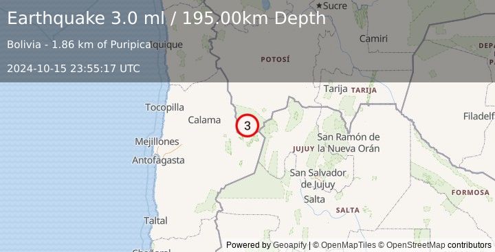 Earthquake POTOSI, BOLIVIA (3.0 ml) (2024-10-15 23:55:17 UTC)