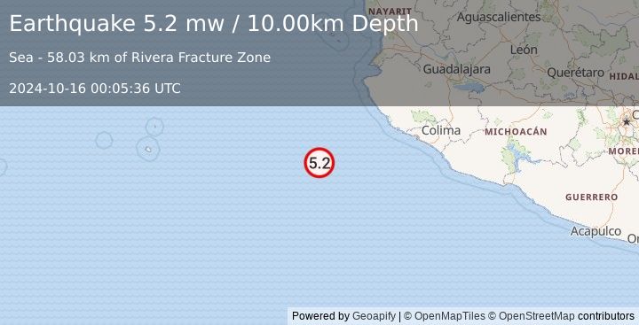 Earthquake OFF COAST OF JALISCO, MEXICO (5.2 mw) (2024-10-16 00:05:36 UTC)