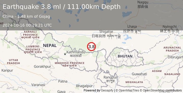 Earthquake WESTERN XIZANG (3.8 ml) (2024-10-16 00:19:21 UTC)